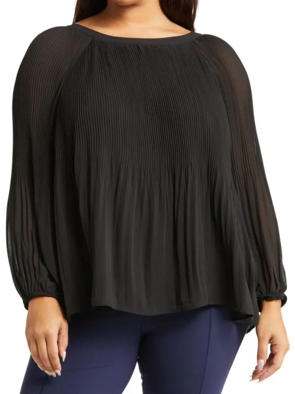 DR2 Pleated Long-Sleeve Plus Blouse, Black